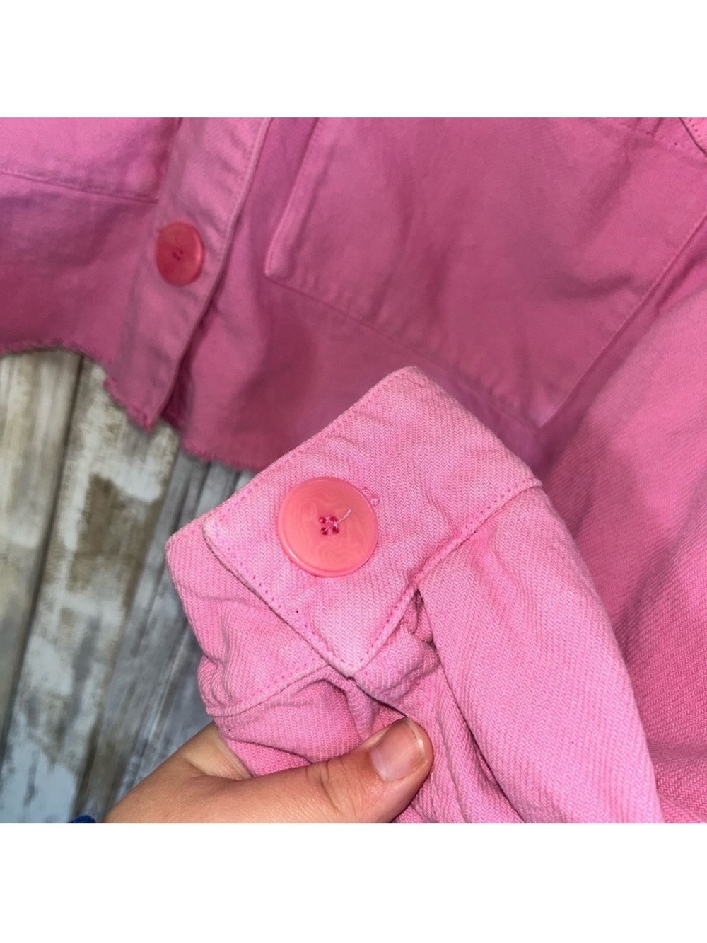 Zara Pink Cropped Denim Jacket Raw Hem Boxy Utility Jean Jacket Women’s S - Picture 5 of 8